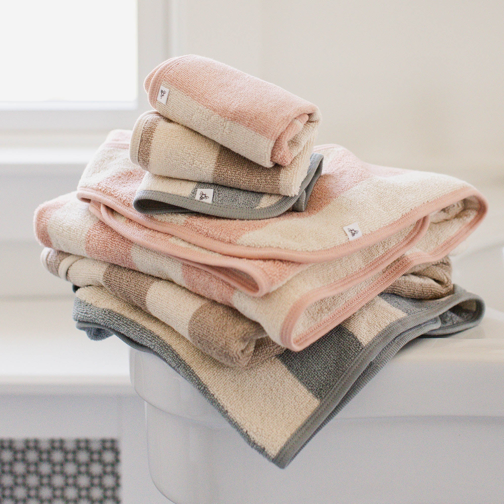 Organic Cotton Rugby Stripe Woven Terry Towel & Washcloth Set - Quarry - Image 3